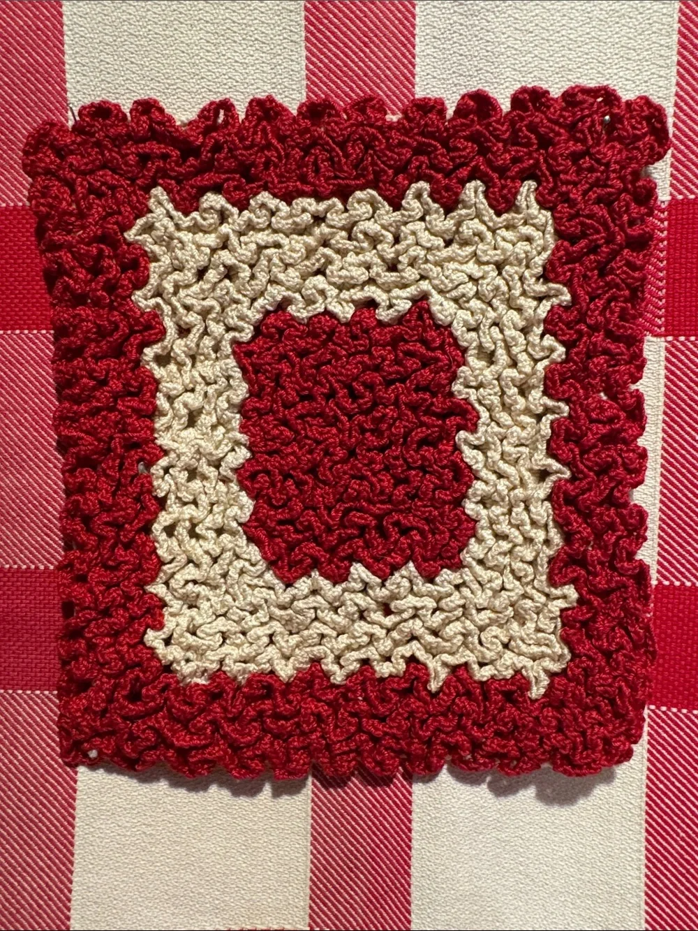 Handmade Red and Cream Crochet Pot Holder or Hot Pad for Table